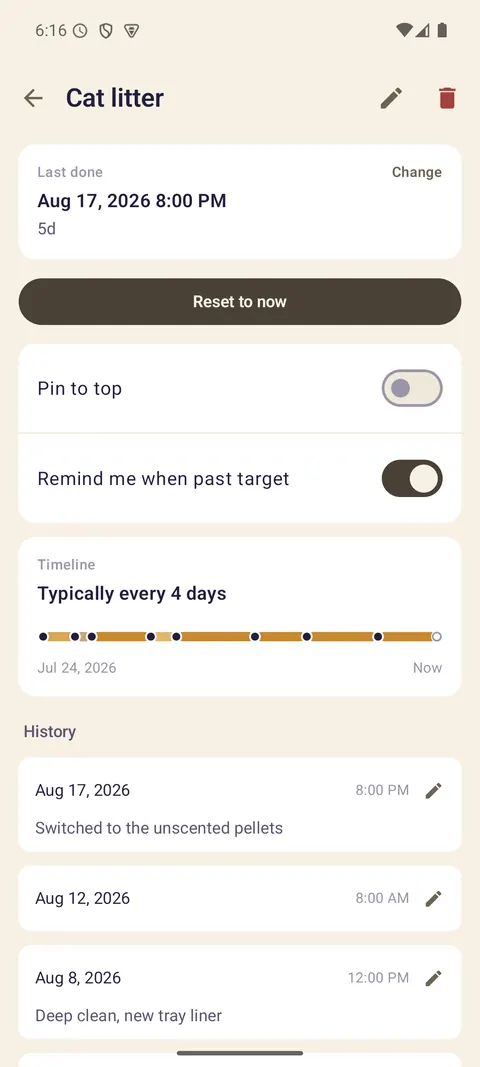 The Cat litter tracker in Streakless: last done Aug 17 2026, 5d ago, a Reset to now button, toggles for pinning and reminders, a timeline reading “Typically every 4 days”, and a history of past entries with notes.
