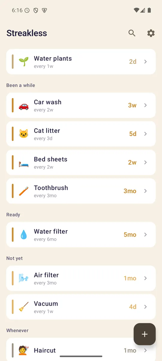 The Streakless home list on a phone: Water plants, every 1w, 2d. Under "Been a while": Car wash 3w, Cat litter 5d, Bed sheets 2w, Toothbrush 3mo. Under "Ready": Water filter 5mo. Each row has a warm-coloured bar showing how far along it is.